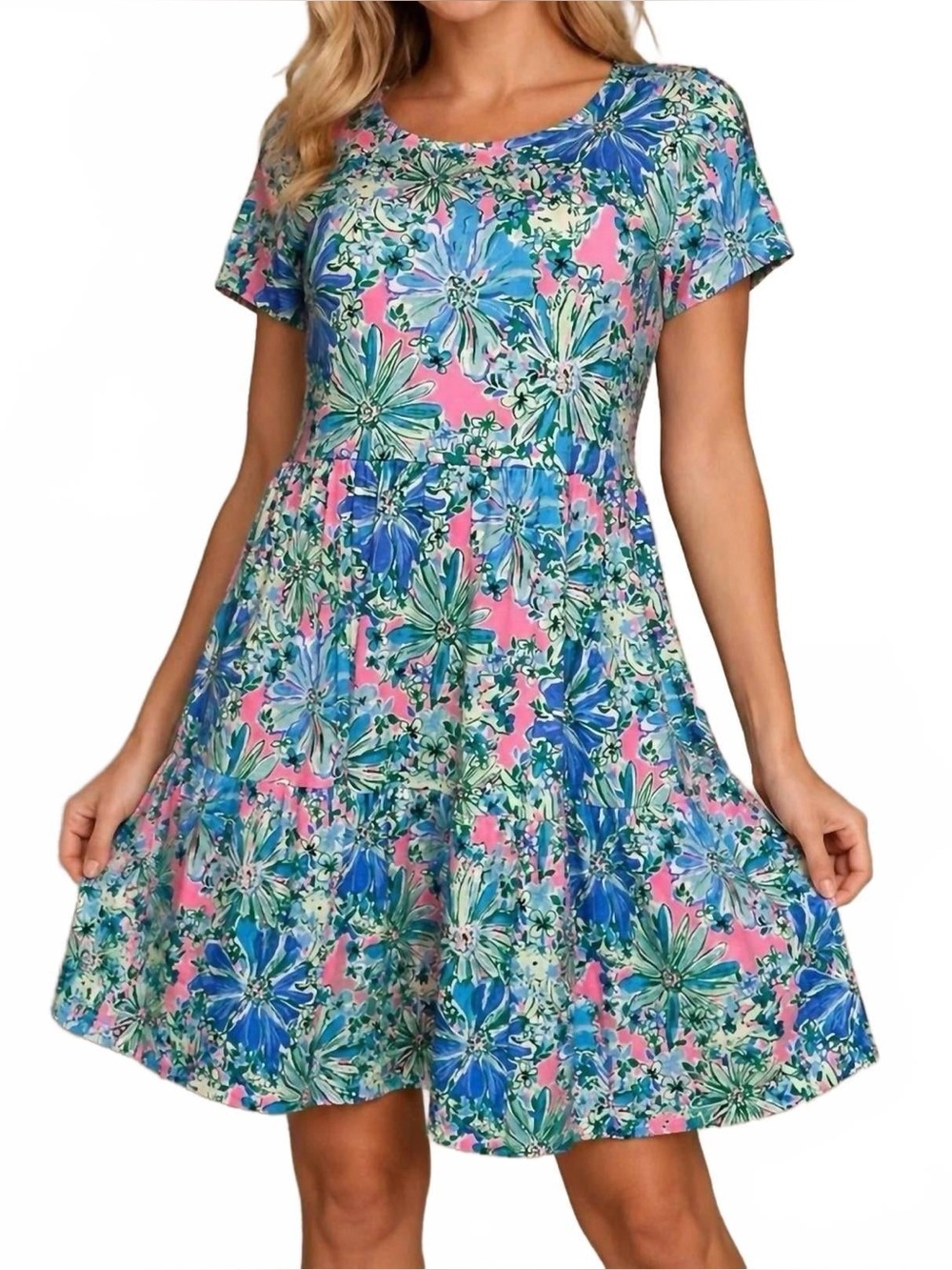 Lilly Pulitzer Pink, Blue & Green Floral Tiered Dress Size Small Super cool